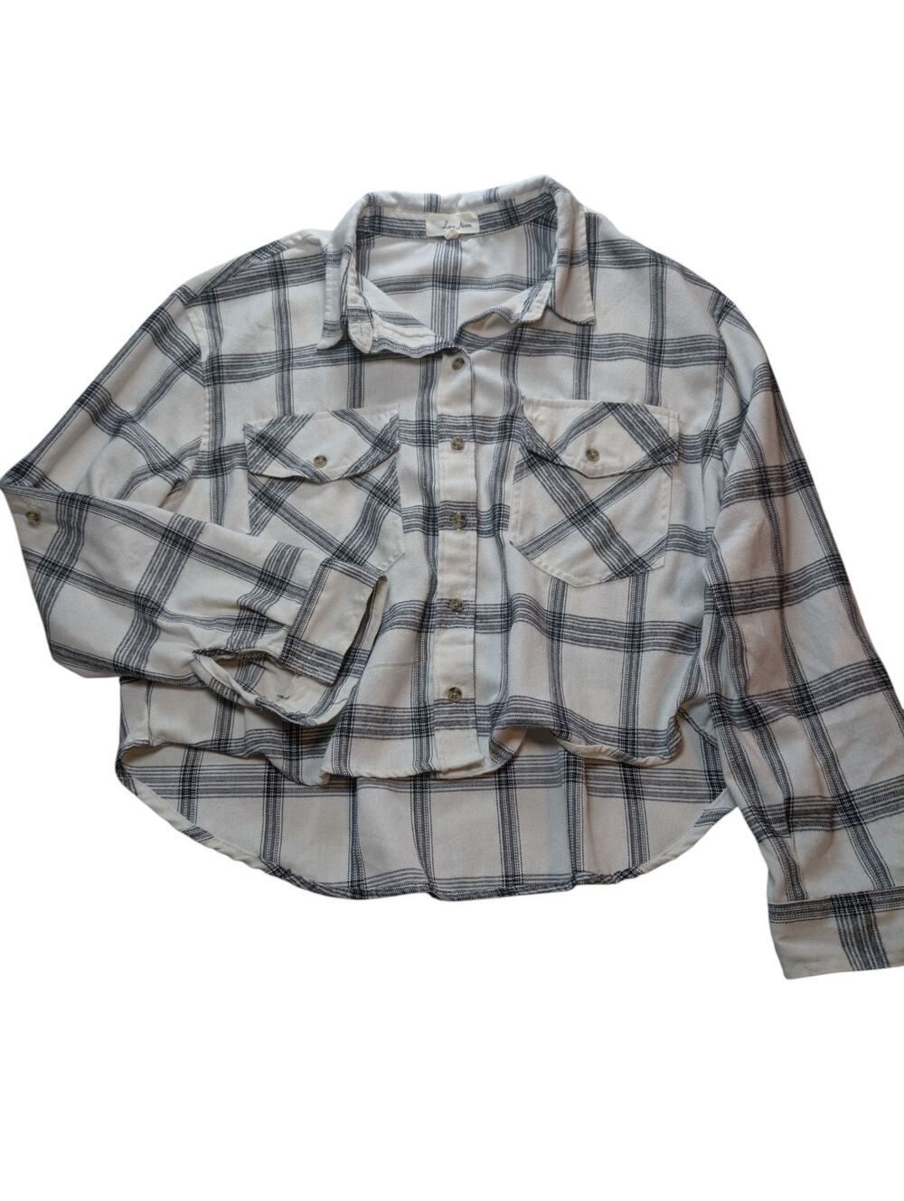 Love Notes White Plaid Cropped Lightweight Flannel Women's Large Layering Shirt